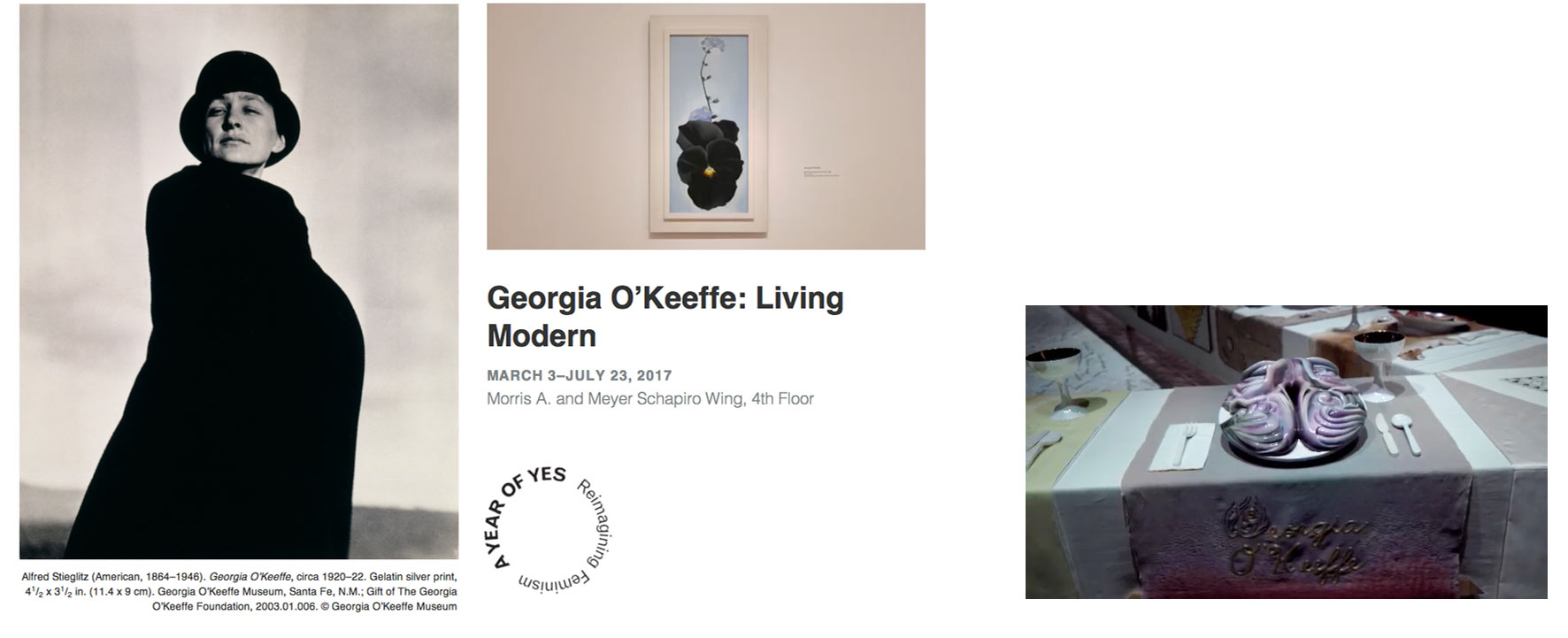 Georgia O'Keeffe, one of her flower paintings and a table setting: images from the exhibit at The Brooklyn Museum