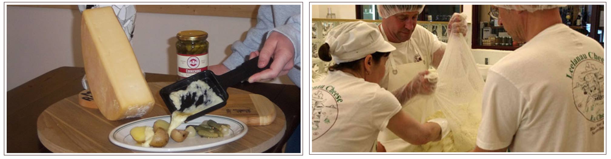 (left) serving raclette with Leelanau raclette cheese (right) making raclette at Leelanau Cheese in Michigan