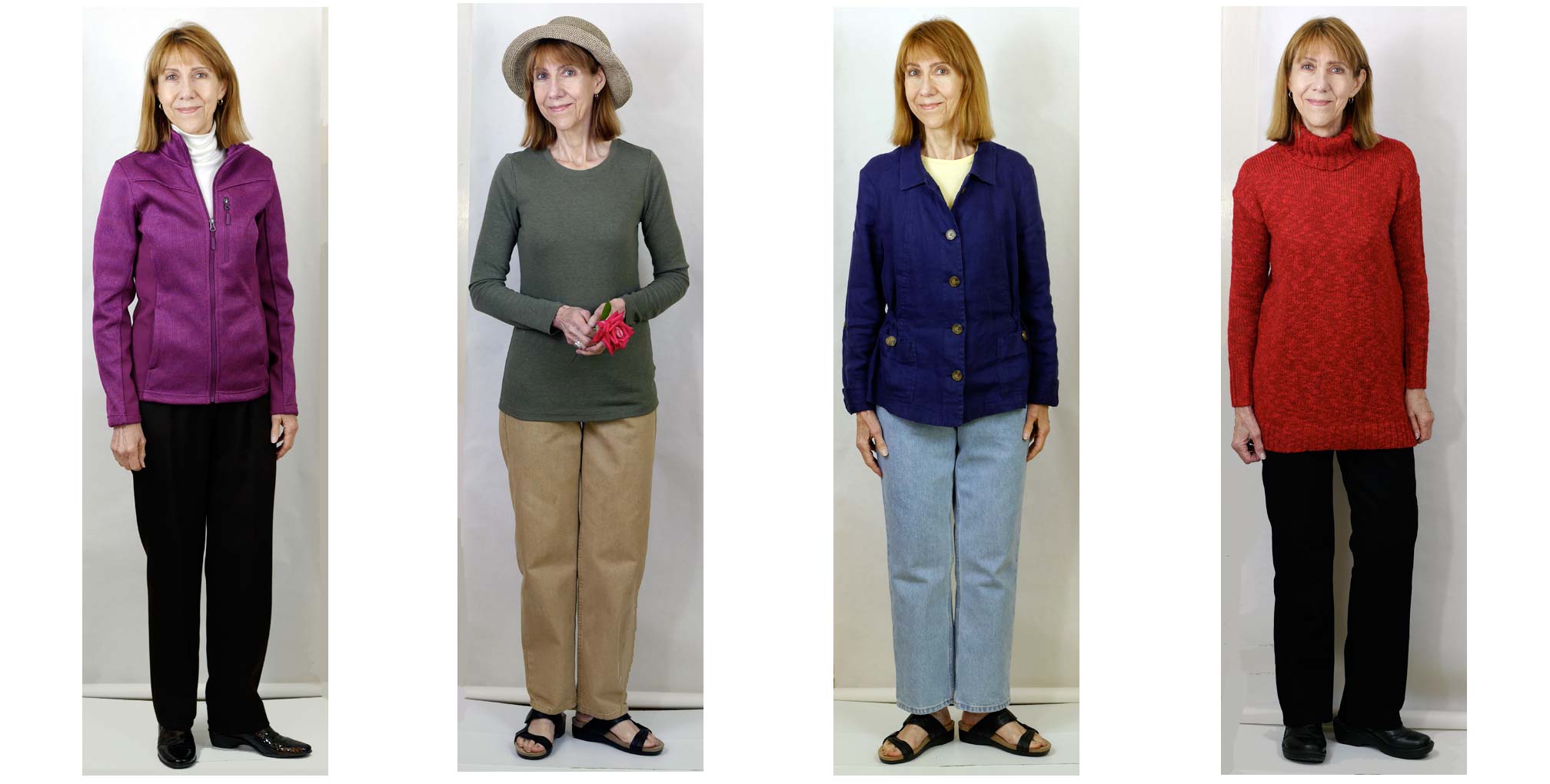 4 figures demonstration darker pant colors better for longer leaner looking legs