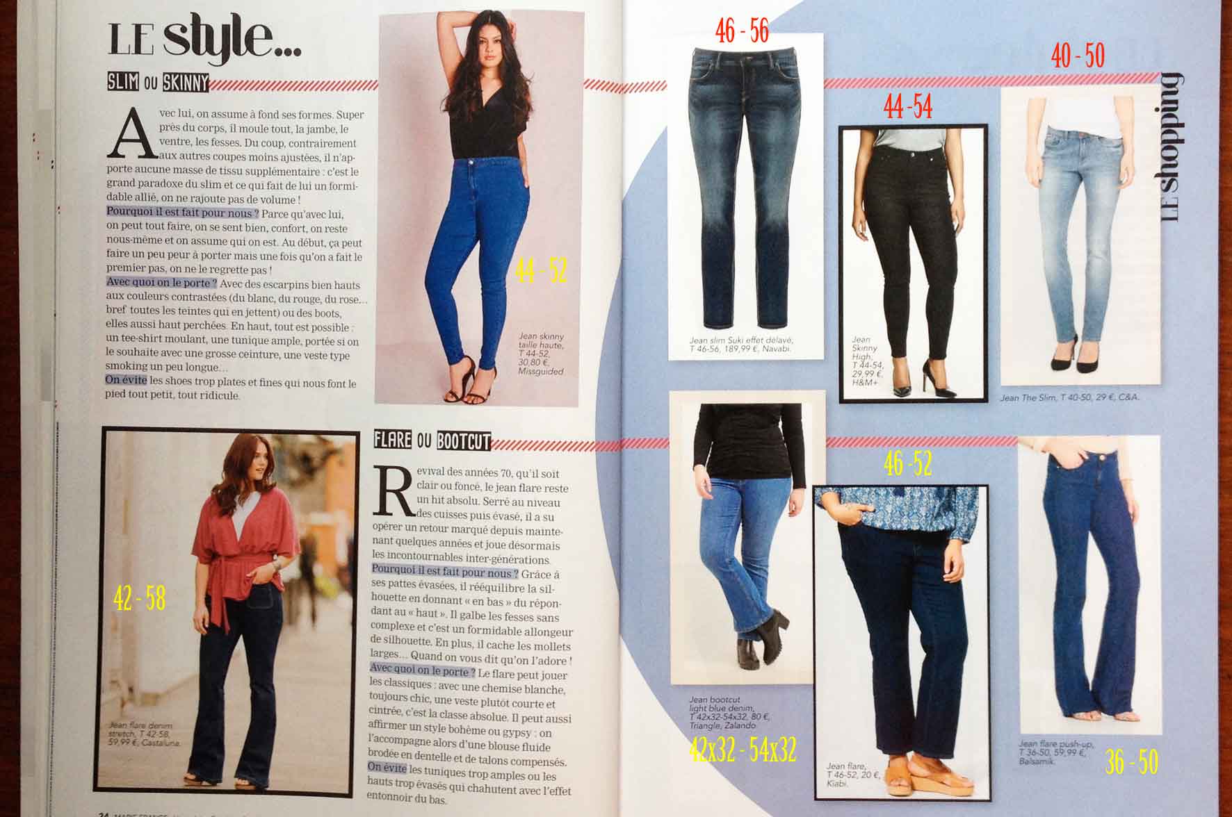 Left: Cover of Marie France Coaching Rondes. Right: 2 page spread showing larger sized models wearing dresses
